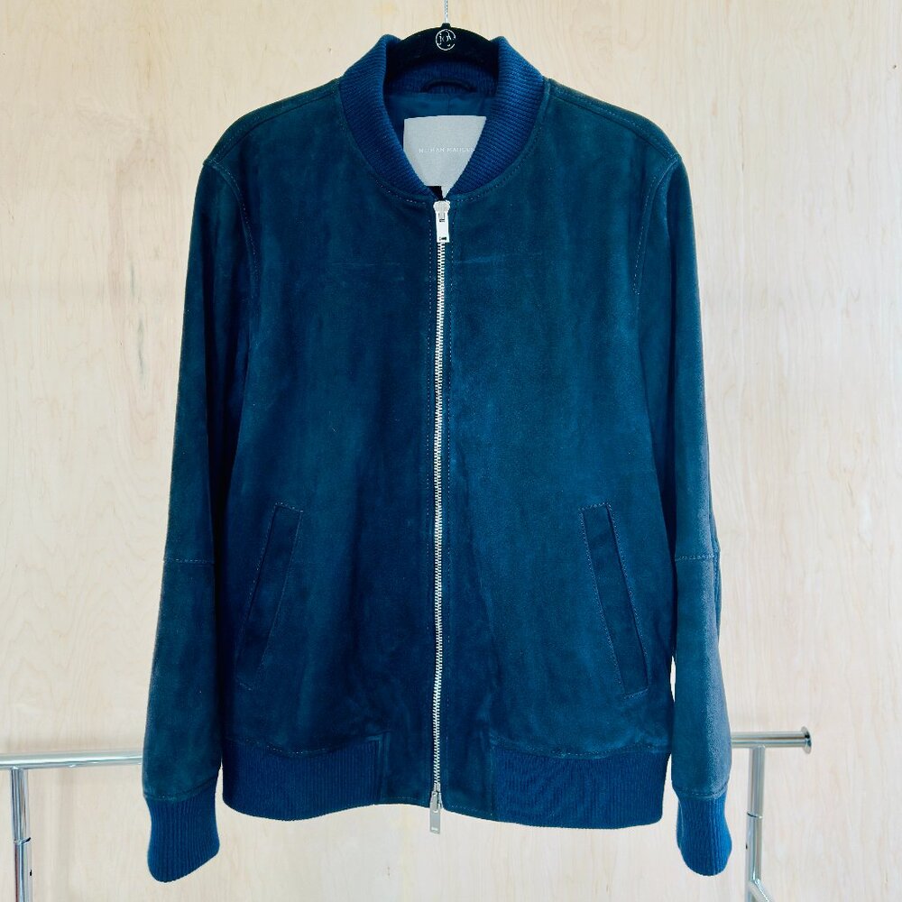 Neiman Marcus Suede Bomber Jacket – Deep Teal Blue (Men’s Large)